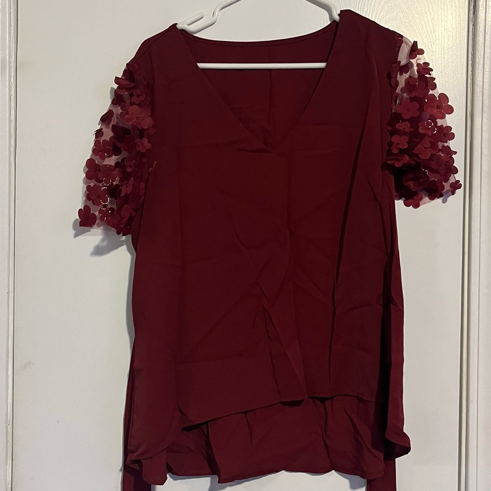 Red Asymmetrical Embellished Short Sleeve Blouse